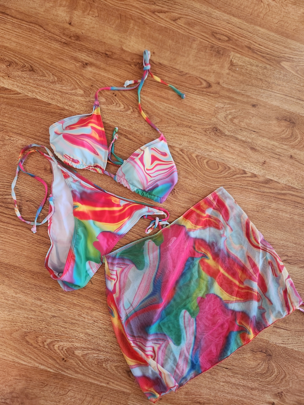 Women’s Multicolor Marble Print Triangle Bikini Set with Cover-up Skirt, Medium